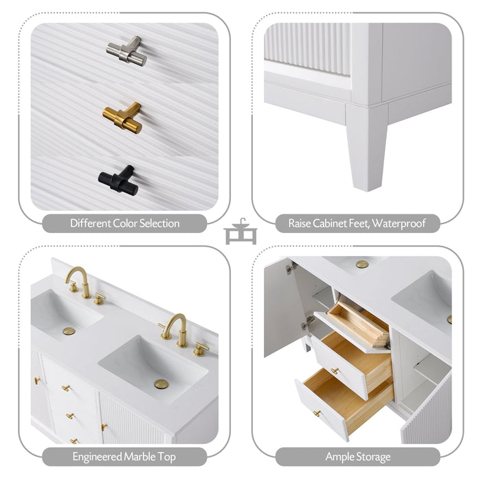54" Double Sink Freestanding Bath Vanity Cabinet with White Engineered Marble Top - HomeBeyond