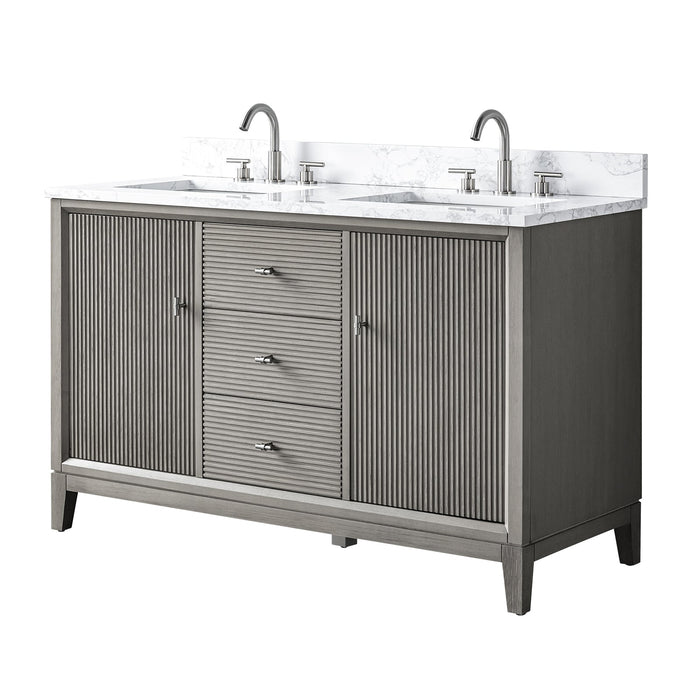 54" Double Sink Freestanding Bath Vanity Cabinet with White Engineered Marble Top - HomeBeyond