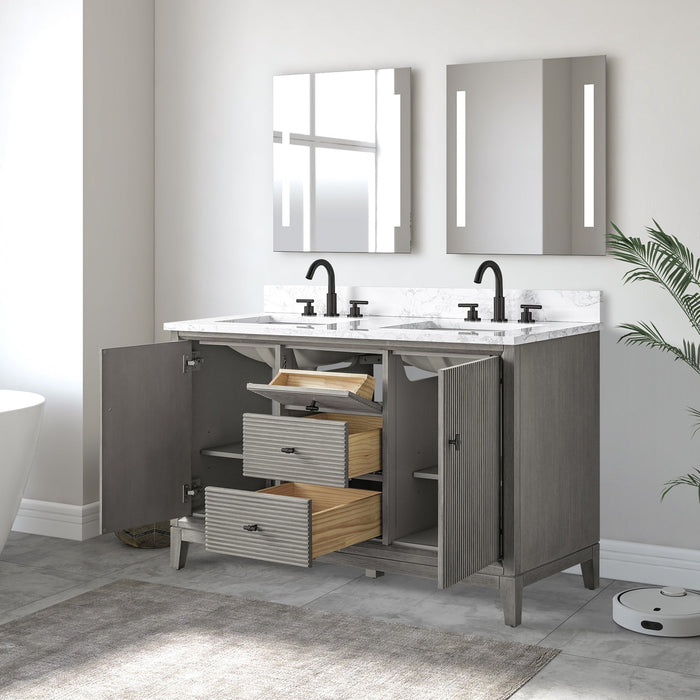 54" Double Sink Freestanding Bath Vanity Cabinet with White Engineered Marble Top - HomeBeyond