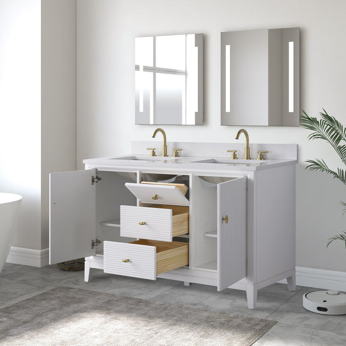 54" Double Sink Freestanding Bath Vanity Cabinet with White Engineered Marble Top - HomeBeyond