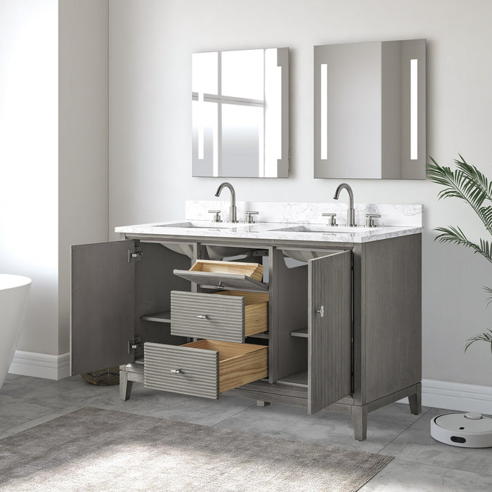 54" Double Sink Freestanding Bath Vanity Cabinet with White Engineered Marble Top - HomeBeyond