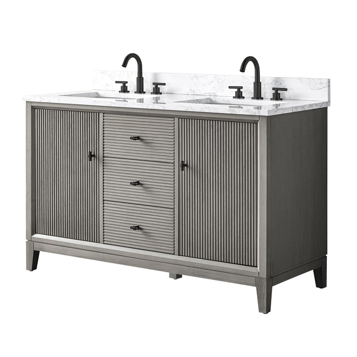 54" Double Sink Freestanding Bath Vanity Cabinet with White Engineered Marble Top - HomeBeyond