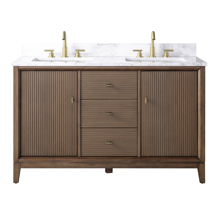 54" Double Sink Freestanding Bath Vanity Cabinet with White Engineered Marble Top - HomeBeyond