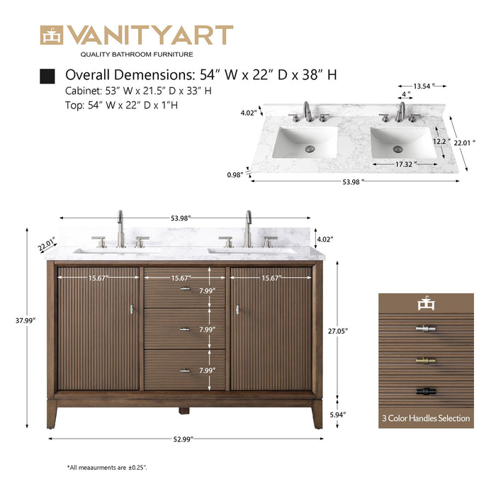 54" Double Sink Freestanding Bath Vanity Cabinet with White Engineered Marble Top - HomeBeyond