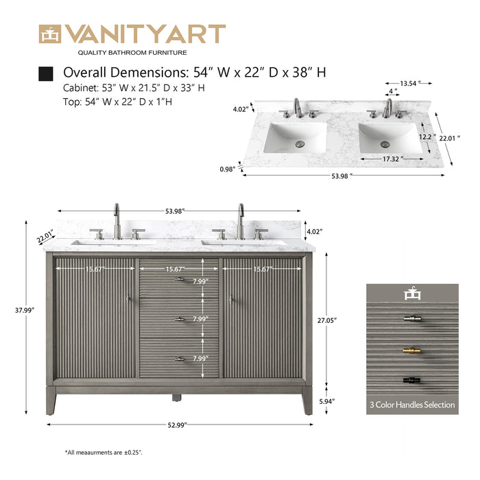 54" Double Sink Freestanding Bath Vanity Cabinet with White Engineered Marble Top - HomeBeyond