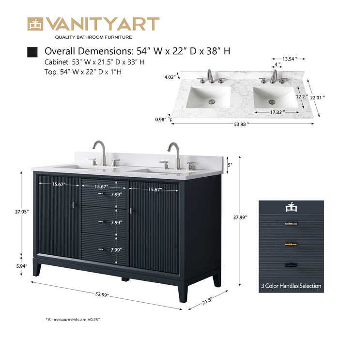 54" Double Sink Freestanding Bath Vanity Cabinet with White Engineered Marble Top - HomeBeyond