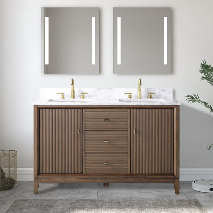 54" Double Sink Freestanding Bath Vanity Cabinet with White Engineered Marble Top - HomeBeyond