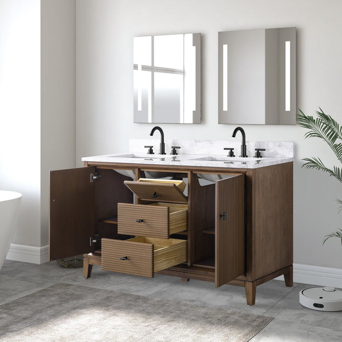54" Double Sink Freestanding Bath Vanity Cabinet with White Engineered Marble Top - HomeBeyond
