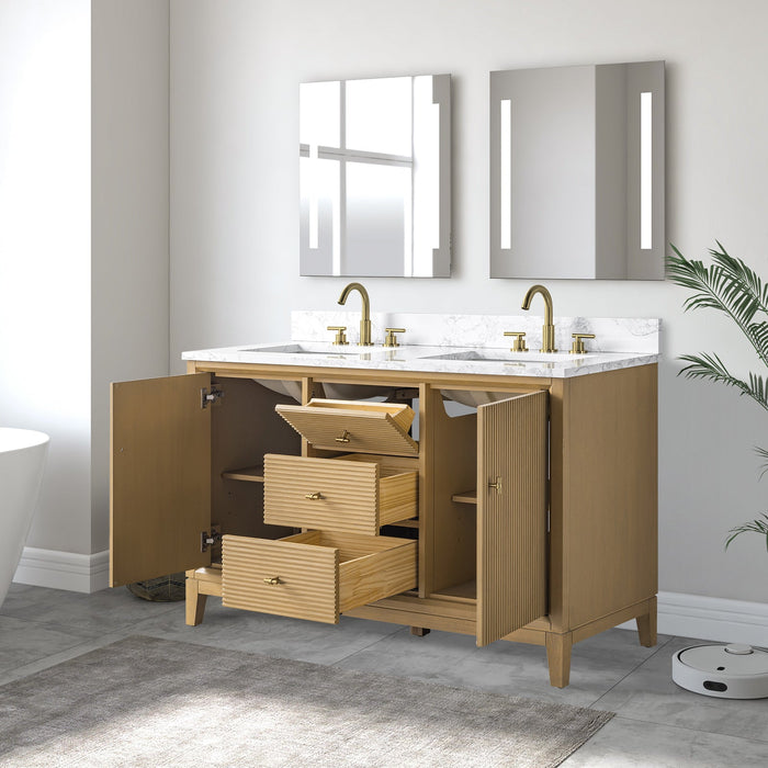 54" Double Sink Freestanding Bath Vanity Cabinet with White Engineered Marble Top - HomeBeyond