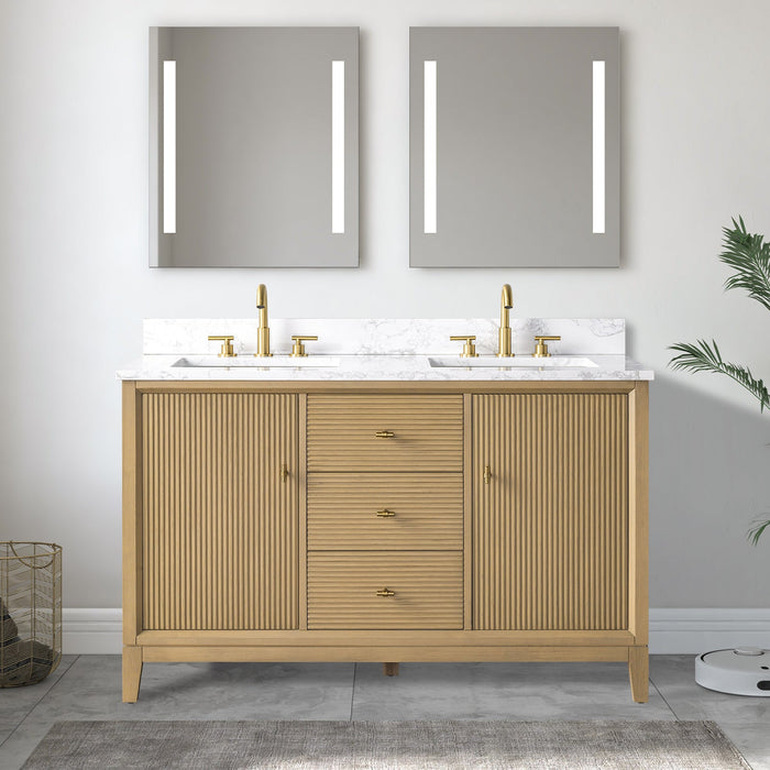 54" Double Sink Freestanding Bath Vanity Cabinet with White Engineered Marble Top - HomeBeyond
