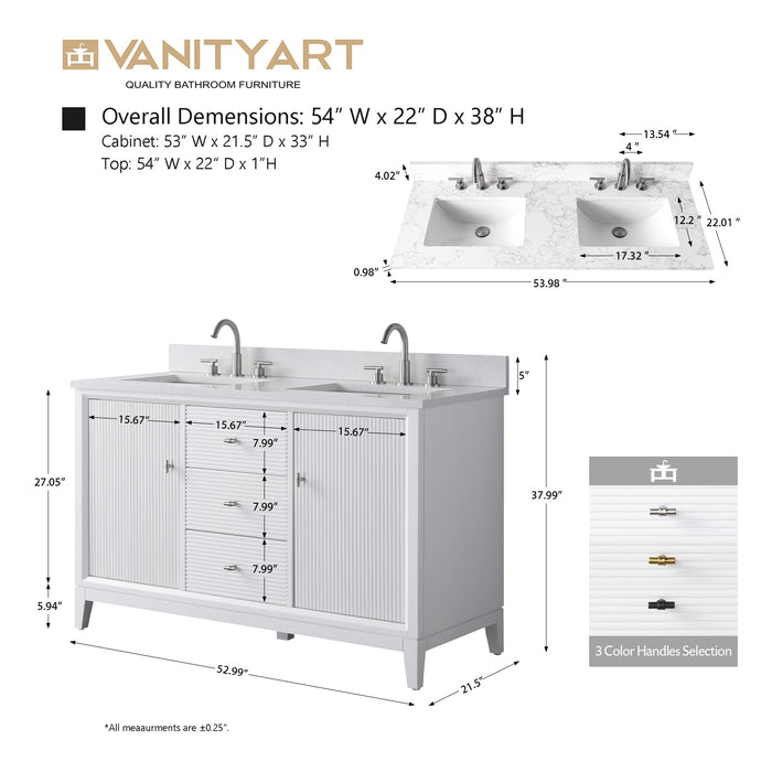 54" Double Sink Freestanding Bath Vanity Cabinet with White Engineered Marble Top - HomeBeyond
