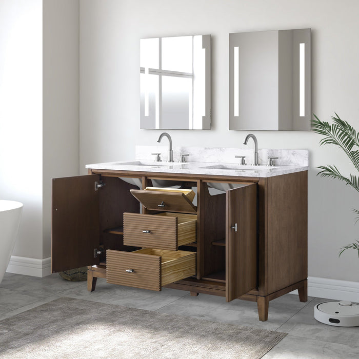 54" Double Sink Freestanding Bath Vanity Cabinet with White Engineered Marble Top - HomeBeyond