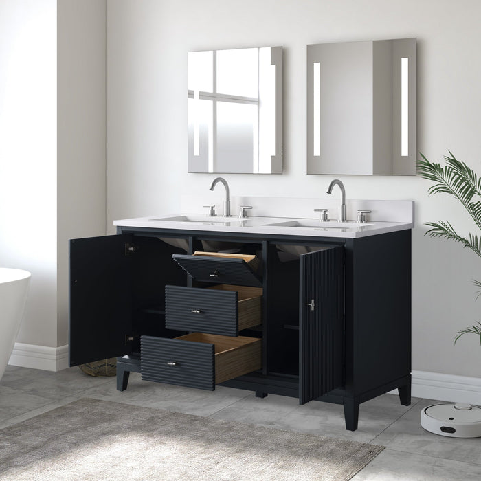 54" Double Sink Freestanding Bath Vanity Cabinet with White Engineered Marble Top - HomeBeyond
