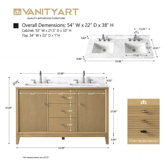 54" Double Sink Freestanding Bath Vanity Cabinet with White Engineered Marble Top - HomeBeyond