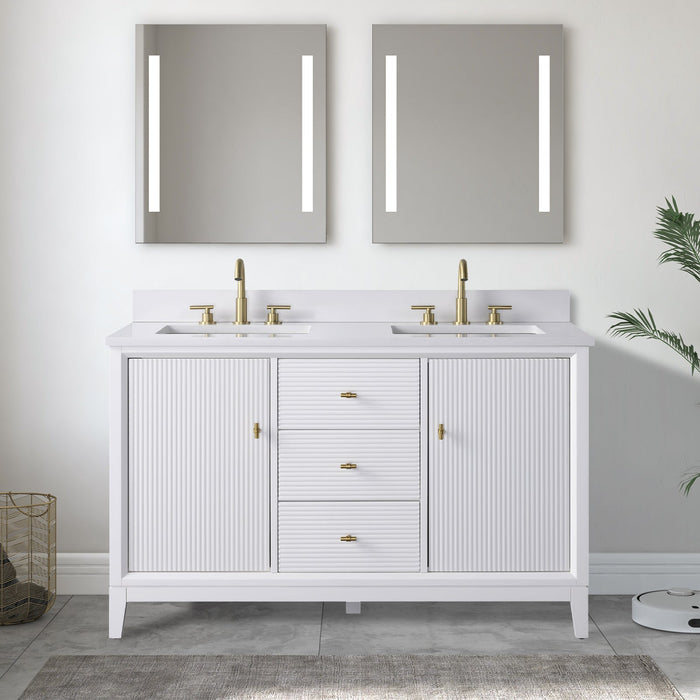 54" Double Sink Freestanding Bath Vanity Cabinet with White Engineered Marble Top - HomeBeyond