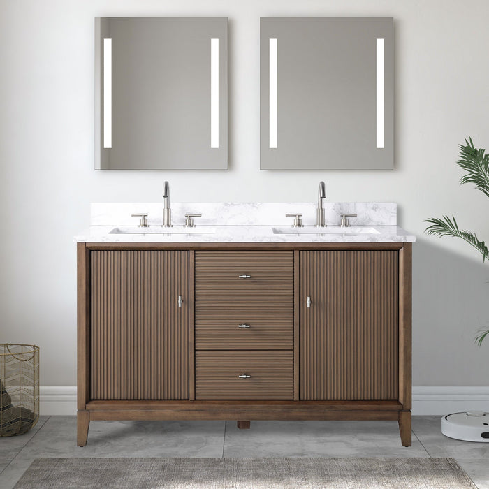 54" Double Sink Freestanding Bath Vanity Cabinet with White Engineered Marble Top - HomeBeyond