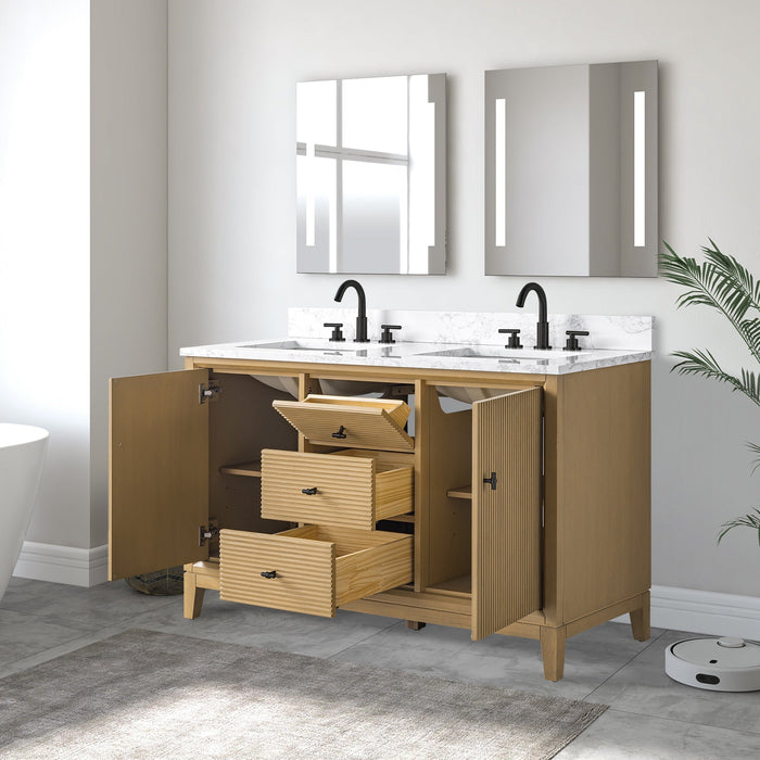 54" Double Sink Freestanding Bath Vanity Cabinet with White Engineered Marble Top - HomeBeyond