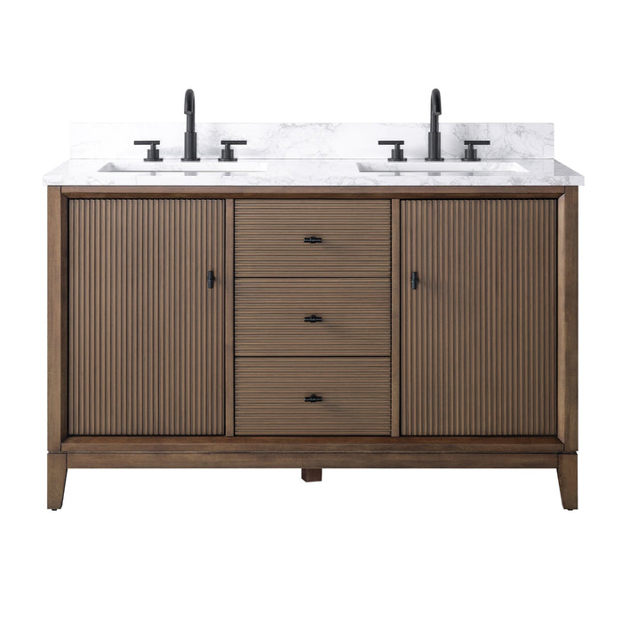 54" Double Sink Freestanding Bath Vanity Cabinet with White Engineered Marble Top - HomeBeyond