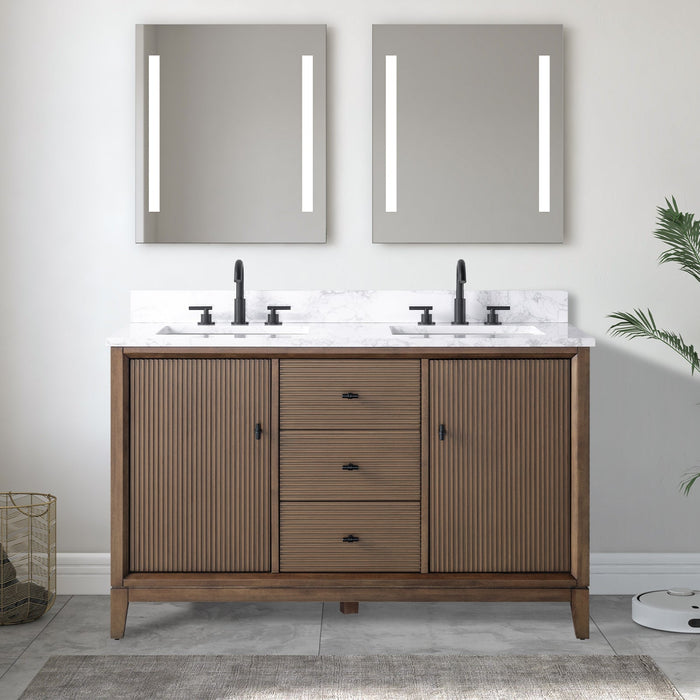 54" Double Sink Freestanding Bath Vanity Cabinet with White Engineered Marble Top - HomeBeyond