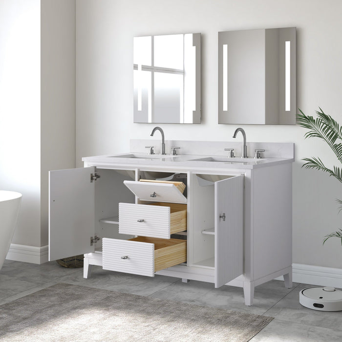 54" Double Sink Freestanding Bath Vanity Cabinet with White Engineered Marble Top - HomeBeyond