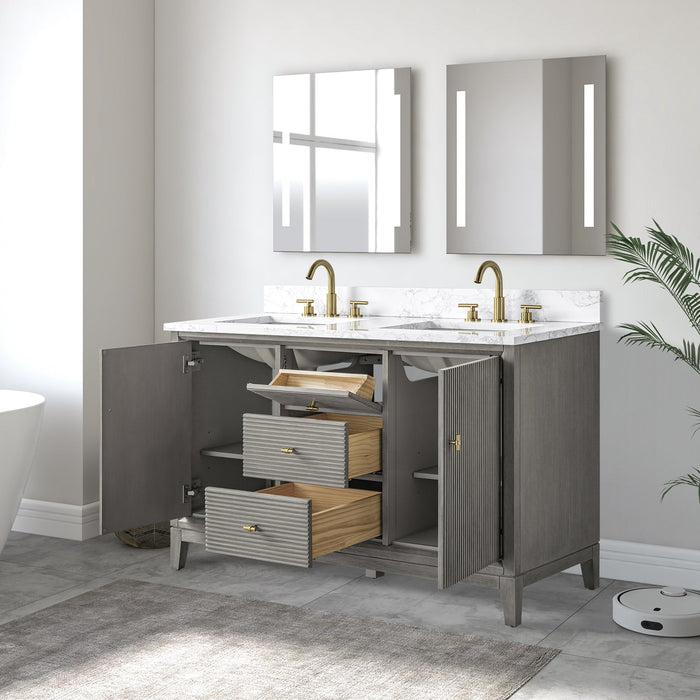 54" Double Sink Freestanding Bath Vanity Cabinet with White Engineered Marble Top - HomeBeyond