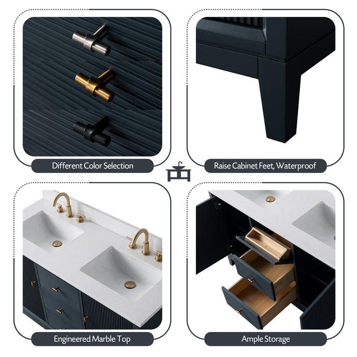 54" Double Sink Freestanding Bath Vanity Cabinet with White Engineered Marble Top - HomeBeyond