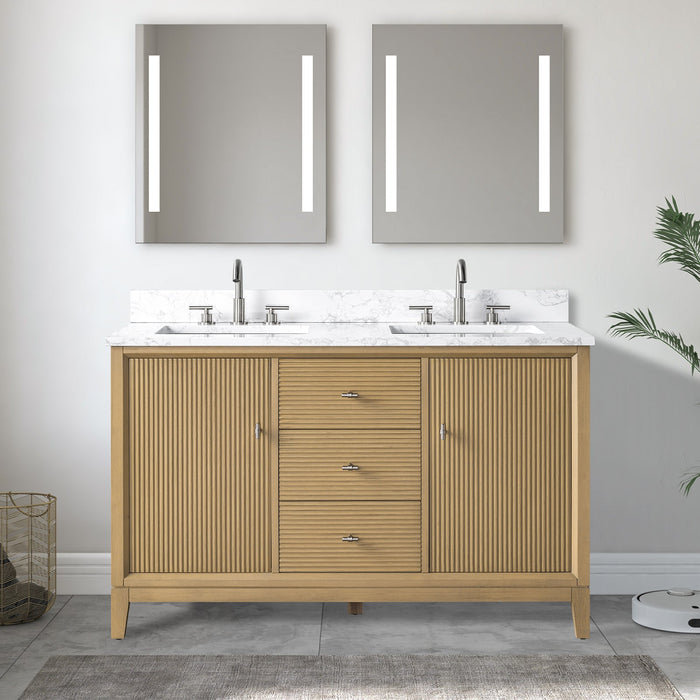 54" Double Sink Freestanding Bath Vanity Cabinet with White Engineered Marble Top - HomeBeyond