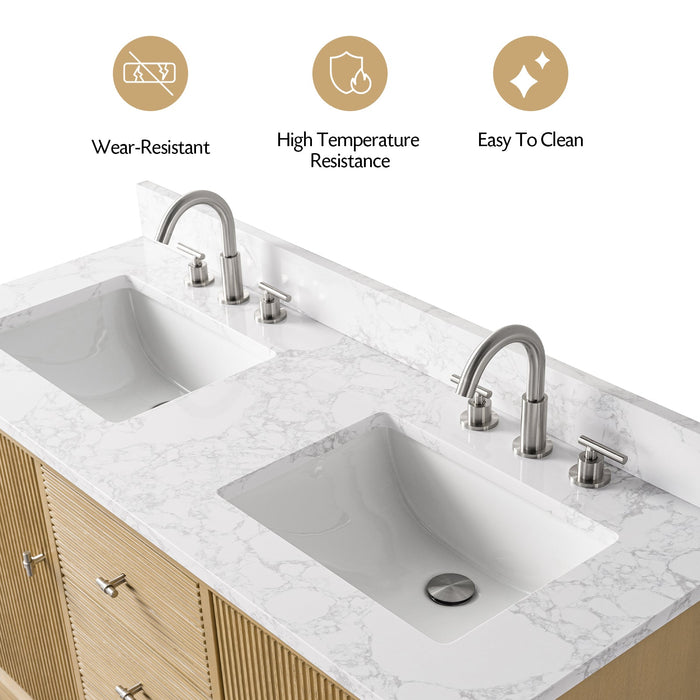 54" Double Sink Freestanding Bath Vanity Cabinet with White Engineered Marble Top - HomeBeyond