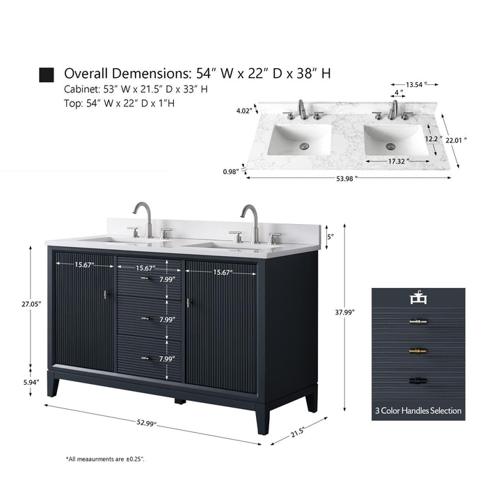 54" Double Sink Modern Freestanding Solid Wood Bathroom Vanity Set with White Engineered Marble Top – Storage Cabinet with Soft-Closing Doors & Drawers VA8154D - HomeBeyond