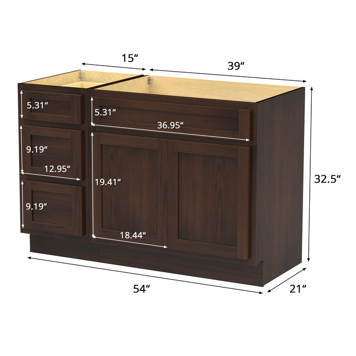 54" Modern Freestanding Oak Plywood Bathroom Vanity Base Only – Shaker Style Storage Cabinet with 3 Drawers & 2 Soft-Closing Doors VA40153-39 - HomeBeyond