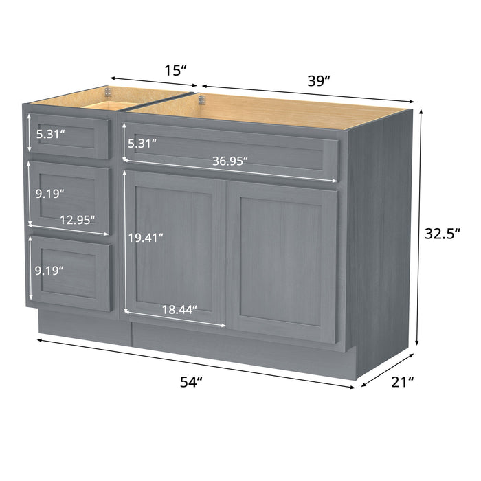 54" Modern Freestanding Oak Plywood Bathroom Vanity Base Only – Shaker Style Storage Cabinet with 3 Drawers & 2 Soft-Closing Doors VA40153-39 - HomeBeyond
