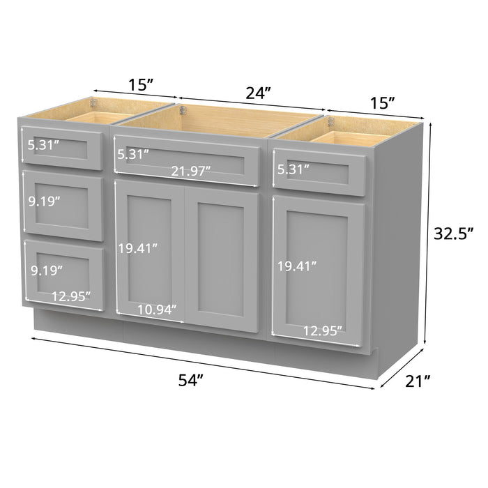 54" Modern Freestanding Plywood Bathroom Vanity Base Only – Shaker Style Storage Cabinet with 4 Drawers & 3 Doors VA40153-24-151 - HomeBeyond
