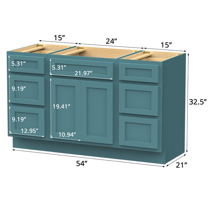 54" Modern Freestanding Plywood Bathroom Vanity Base Only – Shaker Style Storage Cabinet with 6 Drawers & 2 Doors VA153-24-153 - HomeBeyond