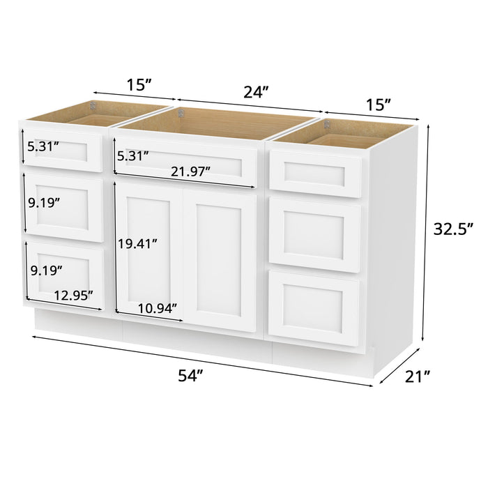 54" Modern Freestanding Plywood Bathroom Vanity Base Only – Shaker Style Storage Cabinet with 6 Drawers & 2 Doors VA153-24-153 - HomeBeyond
