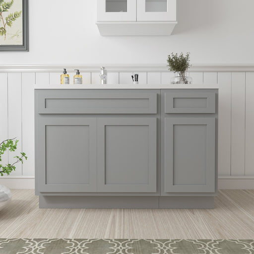 54 inch gray bathroom vanity cabinet front view with white sink in bright bathroom setting