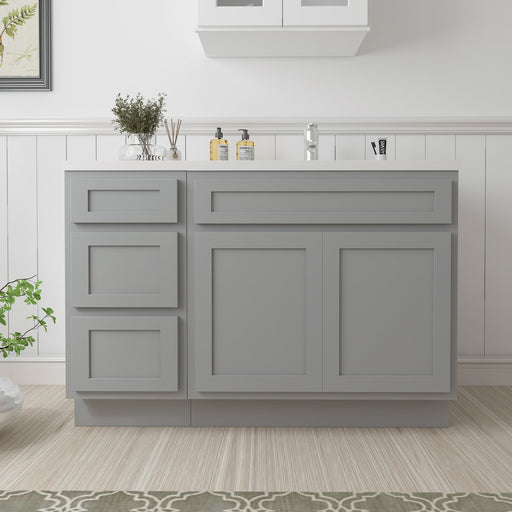 54 inch gray bathroom vanity cabinet front view with 3 left drawers and 2 doors in white bathroom setting
