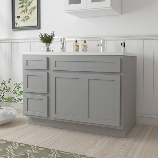 54 inch gray bathroom vanity cabinet angled view with 3 drawers and 2 doors in bright styled bathroom