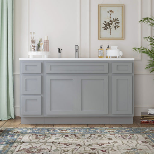54-inch gray bathroom vanity cabinet without top, front view, shaker style doors and drawers, elegant room setting