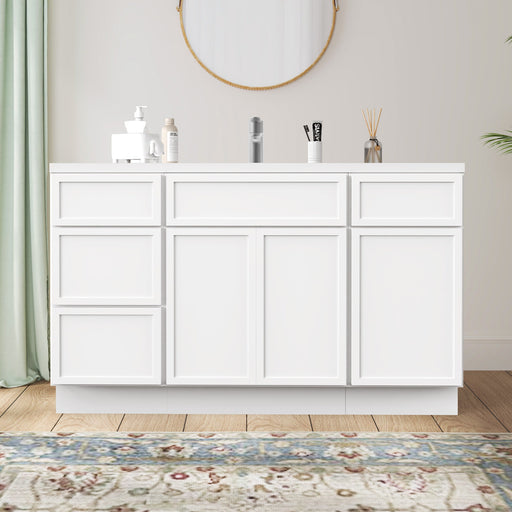 54-inch white bathroom vanity cabinet with white countertop, front straight view in bathroom setting