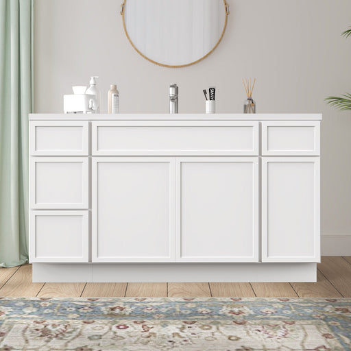 54-inch white bathroom vanity cabinet front view with white sink top, 4 drawers and 3 doors shaker style