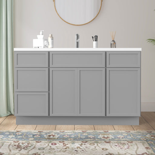 54-inch gray painted bathroom vanity cabinet with white countertop front view in bathroom setting
