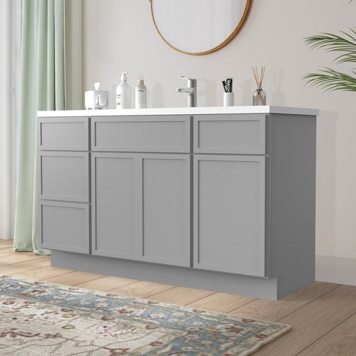 54-inch gray bathroom vanity cabinet with white sink top angled view in styled bathroom setting