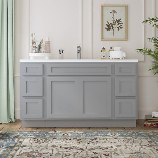 54-inch light gray painted bathroom vanity cabinet front view with white countertop styled room