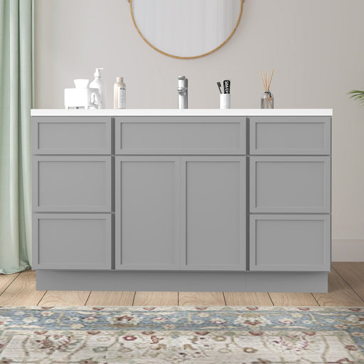54 inch light gray painted bathroom vanity cabinet with sink top and 6 drawers, front view