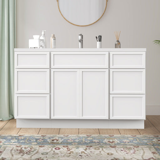 54 inch white bathroom vanity cabinet with 6 drawers and 2 doors, front view in styled bathroom