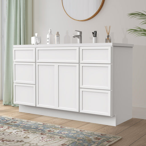 54 inch white bathroom vanity cabinet with single sink top, angled side view in bright bathroom