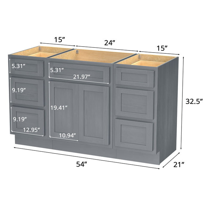 54" Plywood Bathroom Vanity Cabinet without Top - 6 Drawers & 2 Doors - HomeBeyond