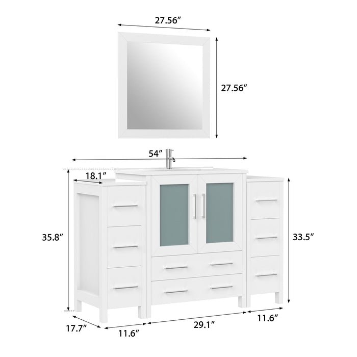 54" Single Sink Modern Bathroom Vanity Set with White Ceramic Top & Free Mirror – Large Storage Cabinet with 8 Drawers VA3030-54 - HomeBeyond