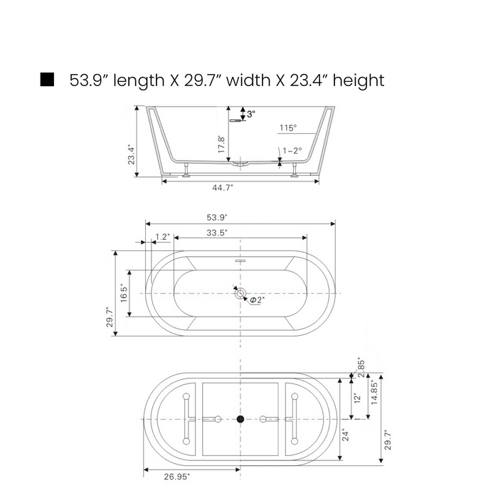 54" x 30" Modern Freestanding Acrylic Soaking Bathtub Glossy White Extra Small Soaker Tub Center Drain VA6815-XS - HomeBeyond