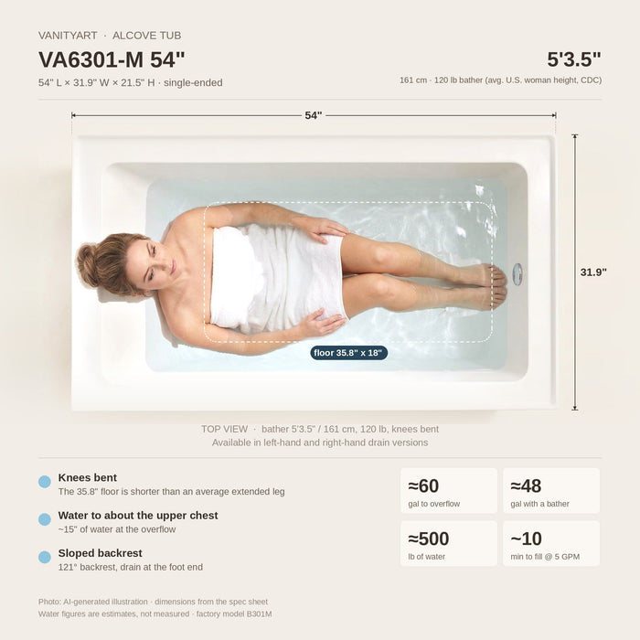 54" x 32" Modern Alcove Acrylic Soaking Bathtub with Apron Skirt, Tile Flange & Right Drain VA6301-MR - HomeBeyond